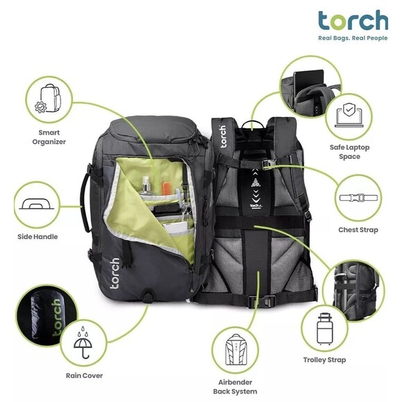TORCH 40L Travel Backpack for Men - Large Carry On - Black NWT - Picture 3 of 10